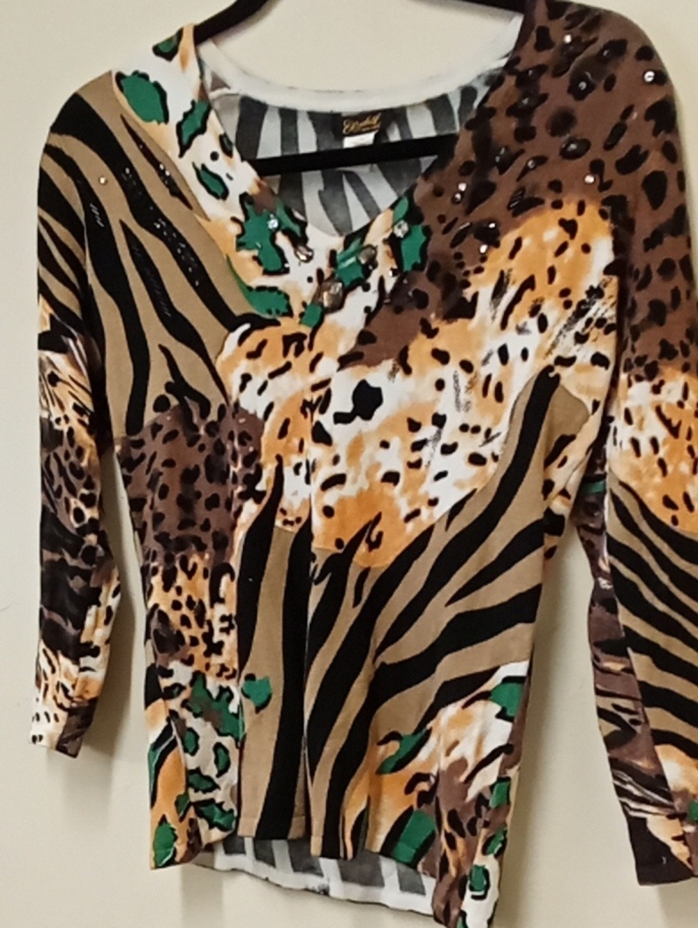 Animal Print V-Neck Blouse in Brown and Green Size S